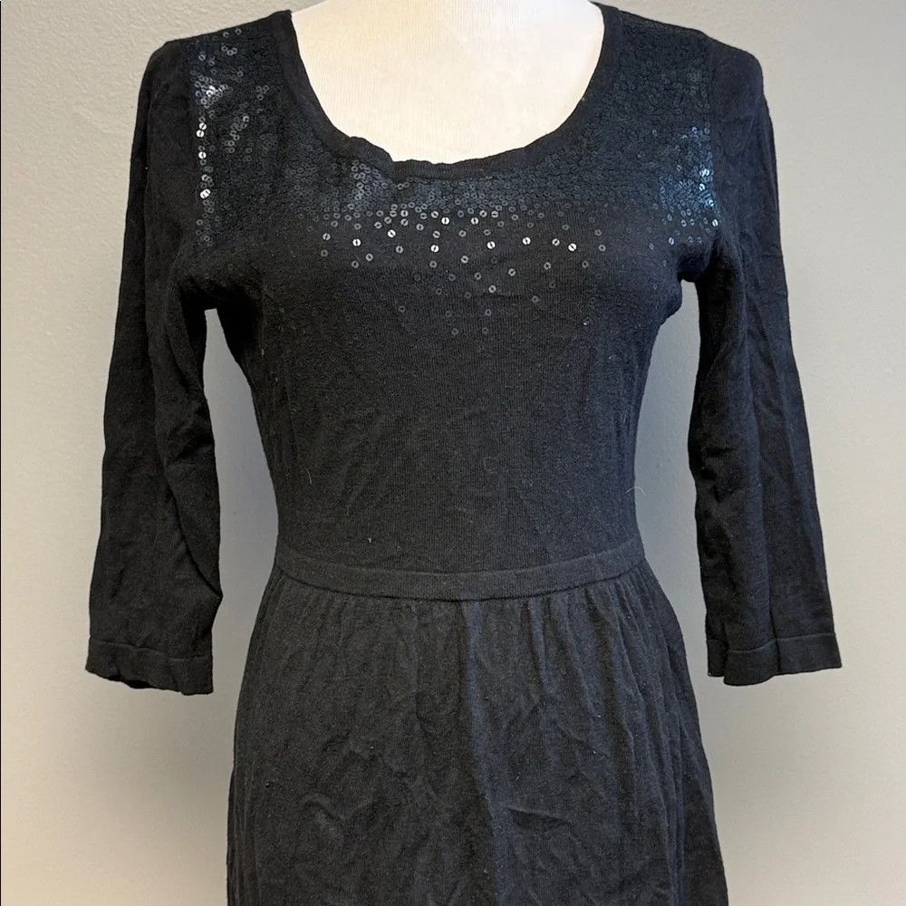 Old Navy Sequin Dress Petite Small Black 3/4 Sleeve Fit & Flare - Picture 2 of 6